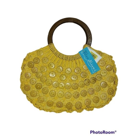 NWT BLUE MIAMI Handbag Purse Straw Woven Yellow Wooden Handles - Picture 6 of 6